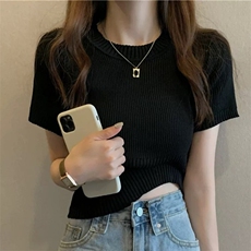 韩版夏季短款独特超好看纯色纯棉针织衫短袖T恤小上衣打底女，女装T恤，朝辰羊绒