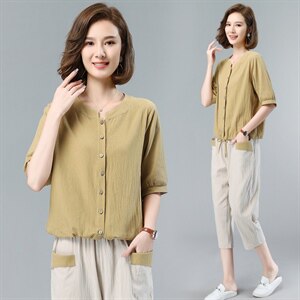 2021夏装新款短袖衫T恤女韩版宽松百搭上衣中年妈妈文艺小衫图片