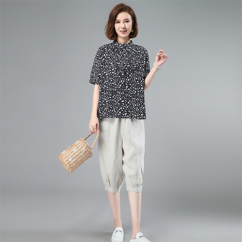2022夏季新款时尚小碎花上衣+亚麻七分裤两件套,女装套装/套裙,独衣靓