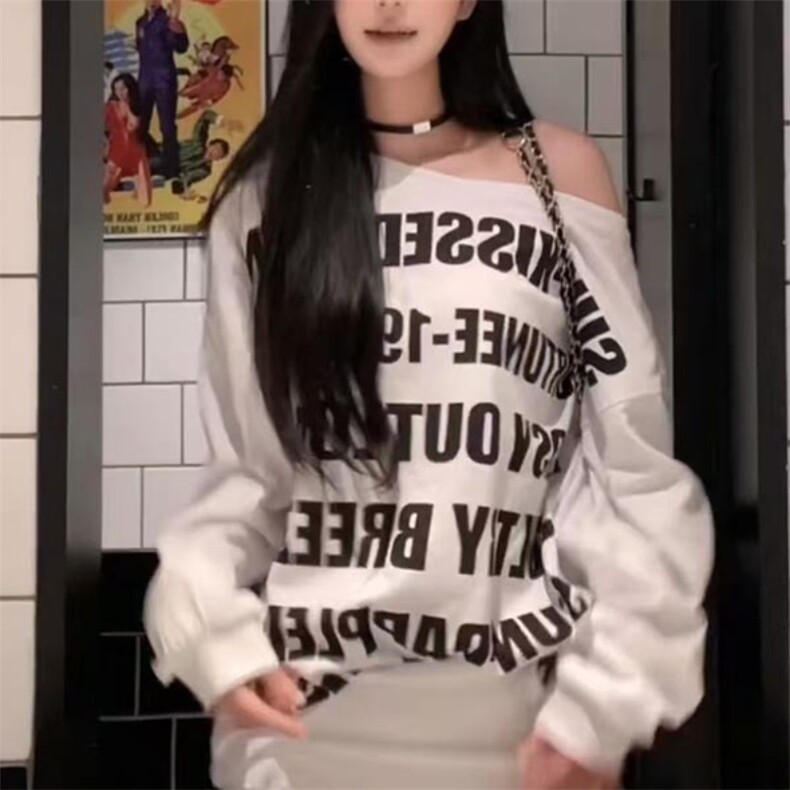 QC015-P45美式辣妹斜肩字母印花长袖T恤中长款休闲宽松慵懒上衣,男装T恤,星座617A-2