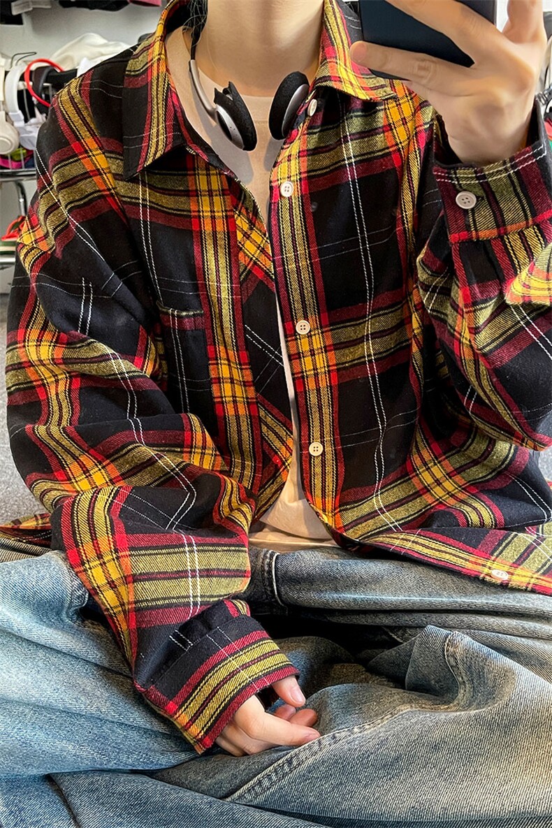 港风复古格子长袖衬衫男女中性衬衣外套C2214-P30【特价】,男装衬衫,电商A007