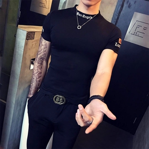 夏季新款短袖t恤流夜店印花体恤衫修身男衣服A313-TX16-P35,白色长款上衣搭配秋款学生图片