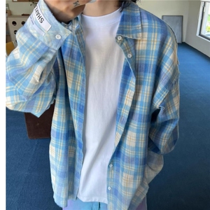 ins复古格子衬衫男高级感秋季新款穿搭ins宽松休闲长袖衬衣图片