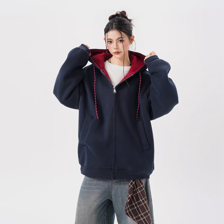 美式复古撞色连帽卫衣外套女春秋2025新款春季宽松百搭拉链开衫潮,女装短外套,星座218-8