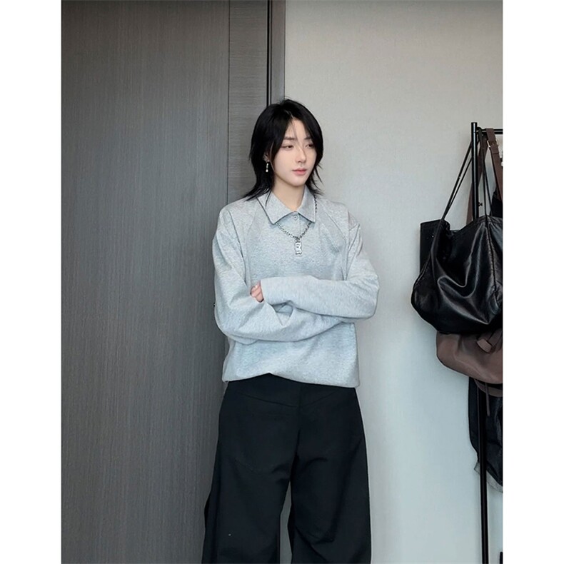 抖音得物高品质美式高街重磅曼巴棉结构螺纹拼接翻领卫衣长袖T恤,男装T恤,电商A486