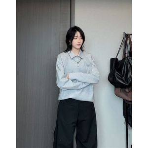 抖音得物高品质美式高街重磅曼巴棉结构螺纹拼接翻领卫衣长袖T恤图片