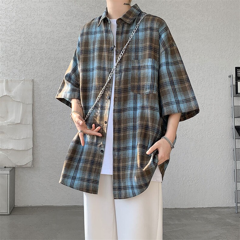 短袖衬衣男夏季新品港风宽松大码设计青年格子衬衫CS1902-P32，男装衬衫，星座214-3