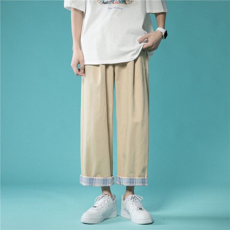 春夏装新款港风纯背景男女同款格子翻边宽松休闲九分裤ZY001-P45,男装休闲裤,星座715-1