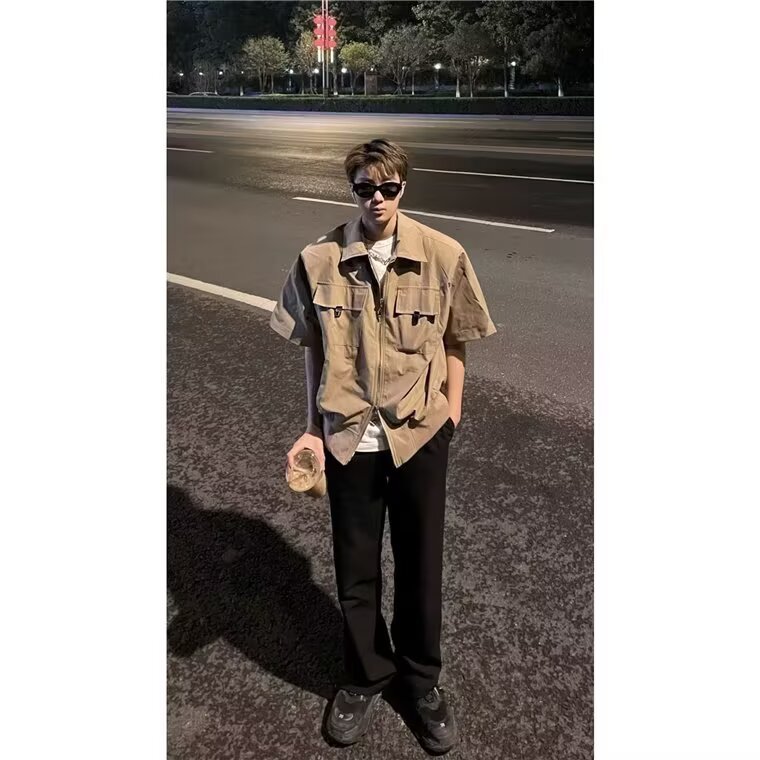 青少年设计感小众拉链外套衬衫男女装夏季新款宽松休闲短袖上衣,男装T恤,星座506A