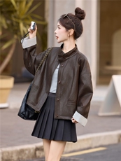 复古立领宽松皮衣外套女2025秋冬季新款休闲百搭显瘦pu皮夹克上衣，女装皮衣，牡丹诺