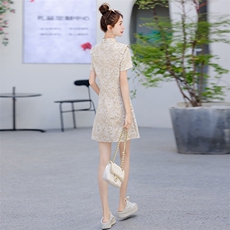 时尚新中式风改良旗袍套装女夏季气质盘扣立领连衣裙短裤两件套，女装套装/套裙，2C310