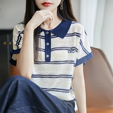 复古翻领条纹针织衫夏季显瘦设计感竹节麻凉感冰丝短袖t恤polo衫，女装T恤，菲奥羊绒