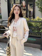 米白色休闲运动套装女2025春季新款韩系超火减龄卫衣阔腿裤两件套，女装套装/套裙，鑫慧