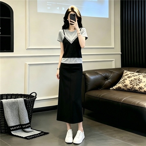 设计感小众时尚气质套装女夏圆领蕾丝拼接上衣开叉半身长裙两件套图片