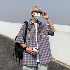 潮五分袖新款衬衫格子夏季男文艺青春流行ins慵懒外套CY097-P35图片