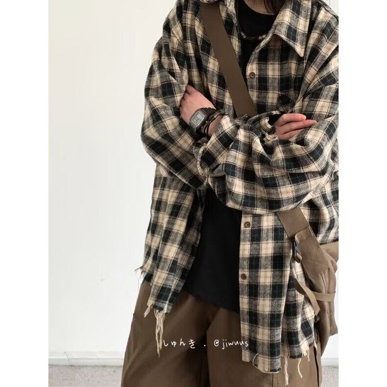 美式复古街头口袋刺绣设计感格子男女宽松下摆毛边格子长袖衬衫潮,男装衬衫,星座506A