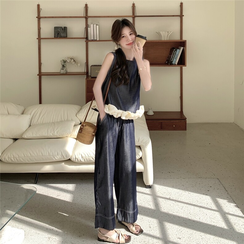 韩系气质休闲牛仔套装女2025夏季新款显瘦设计感马甲阔腿裤两件套,女装套装/套裙,2C115