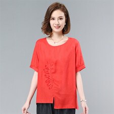 2021夏季新款气质圆领拼贴纯色麻短袖上衣，女装衬衫，叶笙衣