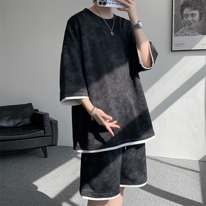 TZ775-特P50 控88 新款撞色拼接假2件套装短袖短裤T恤大码百搭图片