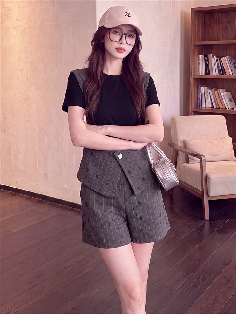 欧货时尚休闲套装女夏季新款气质拼接撞色假两件短袖短裤两件套潮,女装套装/套裙,江南