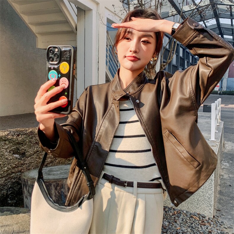春季机车蝙蝠袖帅气立领皮衣外套女短款时尚港风休闲宽松显瘦夹克，女装皮衣，欣美人