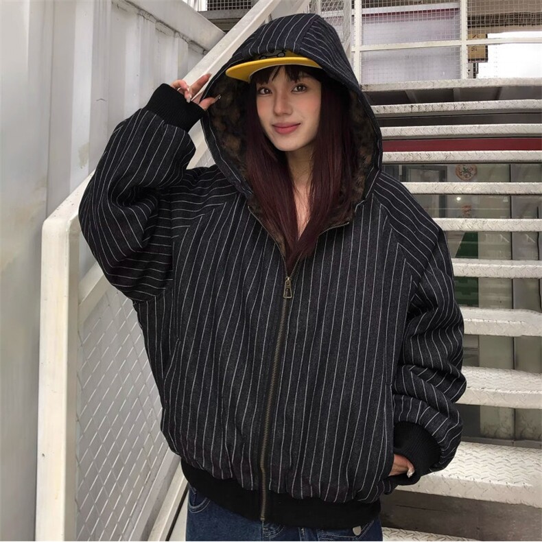 现货美式宽松复古条纹豹纹连帽棉服外套男5039特P100,男装棉衣,星座205-3