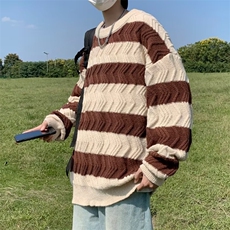 2022韩版宽松百搭针织秋冬季撞色拼接条纹毛衣衫M891-P39，男装针织衫/毛衣，星座512-2