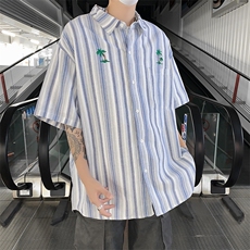 条纹衬衫男士短袖文艺帅百搭刺绣椰子树2024夏季ins外套CY862-P36，男装衬衫，星座412-3