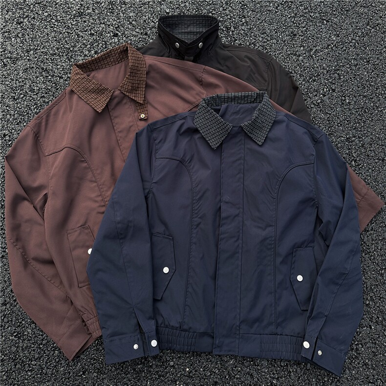 JK733-M-3XL-特P52-美式复古哈灵顿夹克防风翻领撞色格子领外套,男装夹克,星座1811B