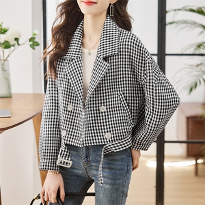 小个子短款格子外套女2023春季新款时尚百搭单排扣夹克风衣上衣图片