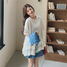 蓝色小清新刺绣碎花马甲套装女2025夏新款蕾丝拼接T恤短裤三件套，女装套装/套裙，浙宝217