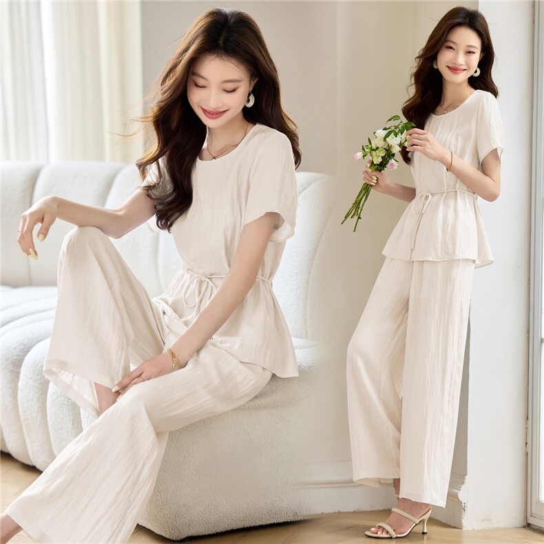 天丝亚麻套装女2026夏季新款高级感时尚休闲洋气减龄阔腿裤两件套,女装套装/套裙,简韵佳