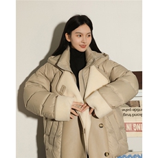 新标90%羽绒羊羔毛拼pu皮假两件连帽女士羽绒服上衣8339/P330，男装皮衣，星座202-3