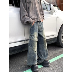 长裤自然腰工装裤工装牛仔裤大口袋宽松垂感阔腿裤常规蓝色纽扣，男装休闲裤，星座1013