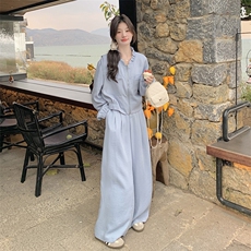 蓝色休闲套装女2025春季新款韩系甜美减龄木耳边外套阔腿裤两件套，女装套装/套裙，2C301