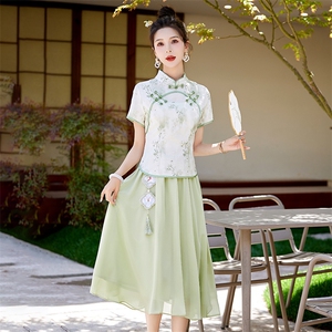 新中式改良旗袍套装连衣裙女2025夏季新款印花汉服禅意两件套裙子图片