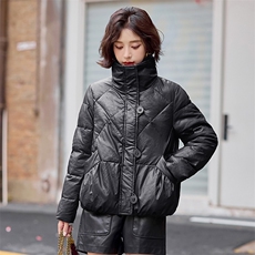2024冬季女装新款时尚百搭大方填充绵羊毛立领皮皮衣羽绒服，女装棉衣/棉服，缘衣格