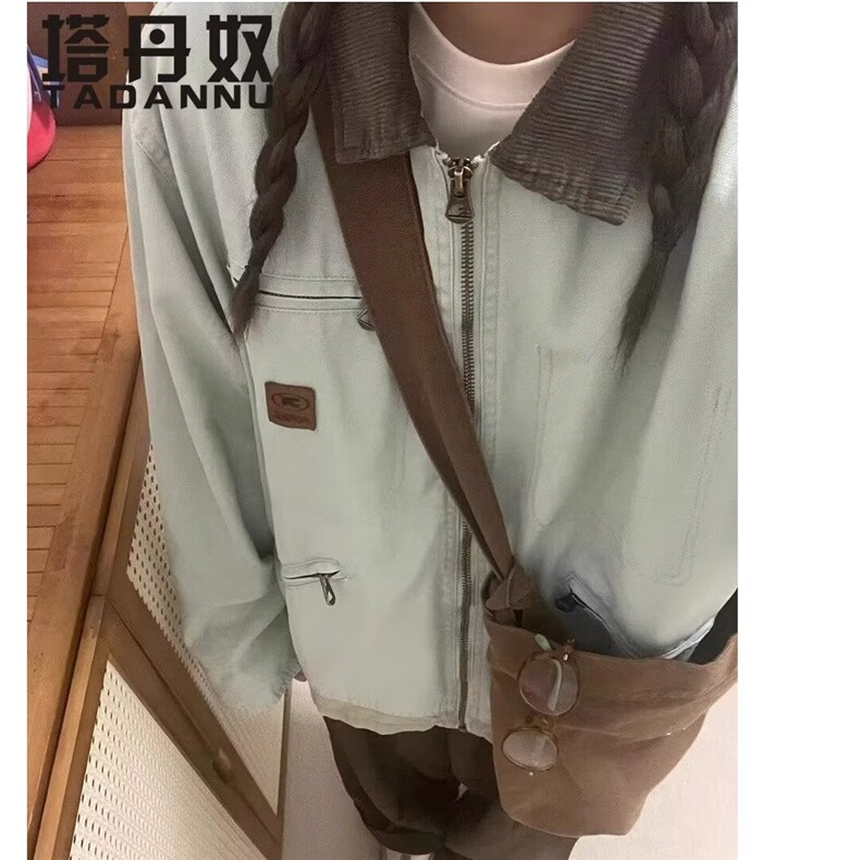 美式复古撞色拼接翻领外套女春秋宽松学院风气质百搭工装夹克上衣图片