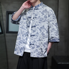 2025中式新款仿牛仔手感花纹提花七分袖衬衫开衫KS518-P75控98，男装衬衫，电商A021