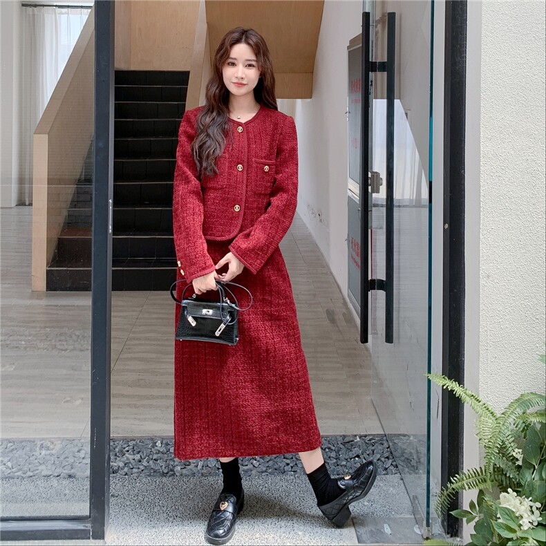 红色韩系小香风毛呢外套半身裙女秋冬2025新款一整套ootd气质穿搭,女装套装/套裙,2C206