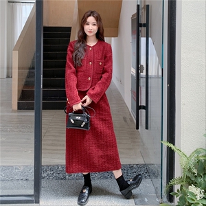 红色韩系小香风毛呢外套半身裙女秋冬2025新款一整套ootd气质穿搭图片