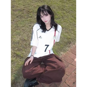 复古运动织带V领凉感短袖t恤男女美式潮牌情侣休闲球衣XTX81图片
