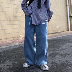 复古阔腿裤子男女美式高街hiphop纯色拖地牛仔裤男宽松直筒裤男女，男装牛仔裤，星座601-2
