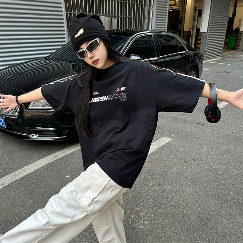 抖音得物高品质二开240克宽松纯棉美式潮牌三条杠织带短袖T恤,男装T恤,电商A486