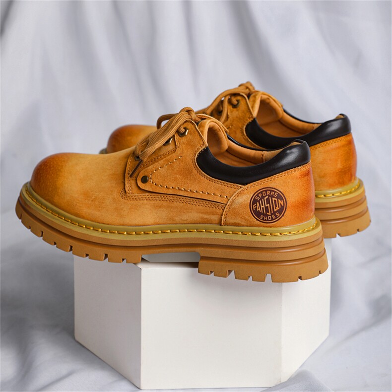 工装鞋子春季新款复古英伦百搭短靴厚底增高猪皮低帮马丁靴男，男鞋工装鞋，电商A223