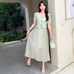现货新中式气质假两件套连衣裙女2024夏季新款复古元素改良旗袍图片
