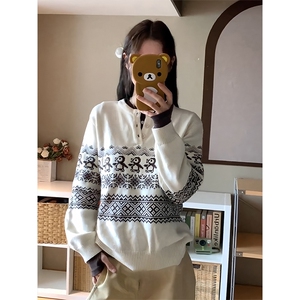 重磅秋冬装北极绒套头毛衣美式复古休闲慵懒风提花工艺针织衫外套图片