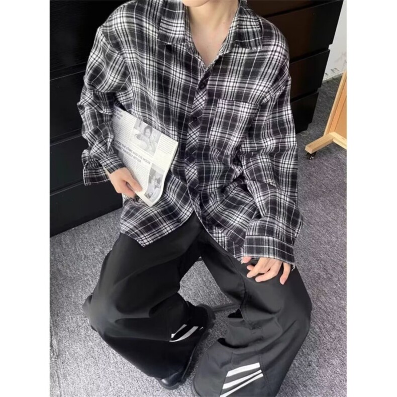 美式复古黑白格子衬衫男春秋新款痞帅高级感内搭衬衣百搭休闲外套,男装衬衫,四季星座505