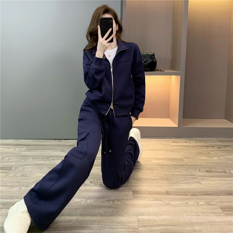 韩版休闲运动套装女春季新款高级感显瘦立领卫衣时尚阔腿裤两件套,女装套装/套裙,江南