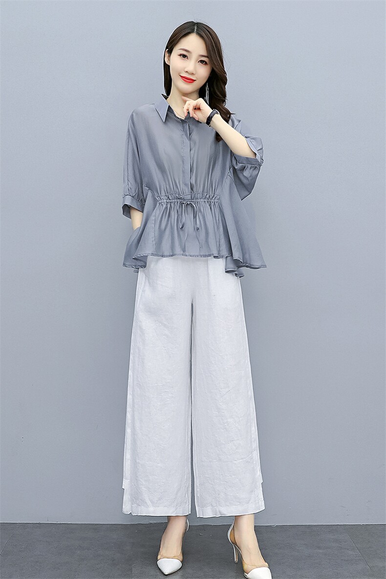 时尚衬衣套装女夏2025新款夏装韩版宽松显瘦气质棉麻两件套阔腿裤，女装套装/套裙，水衣源